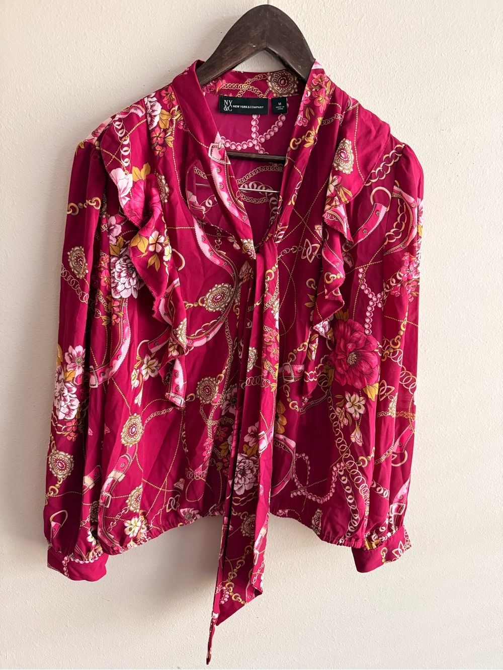New York & Company Fuchsia Floral Chain-Print Tie-Neck Blouse